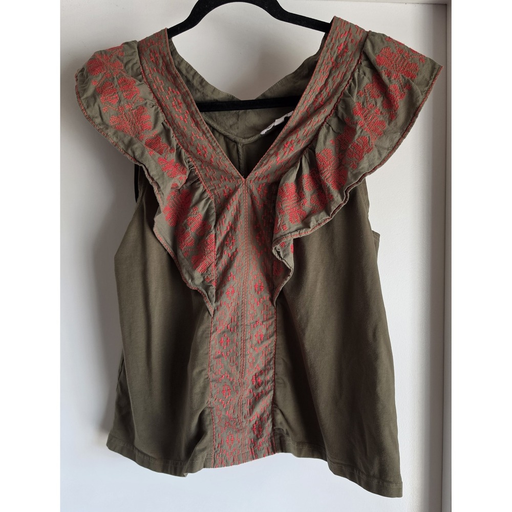 Anthro Reath & Wren Top Women L Boho Olive Red Embroidered V-Neck Sleeveless